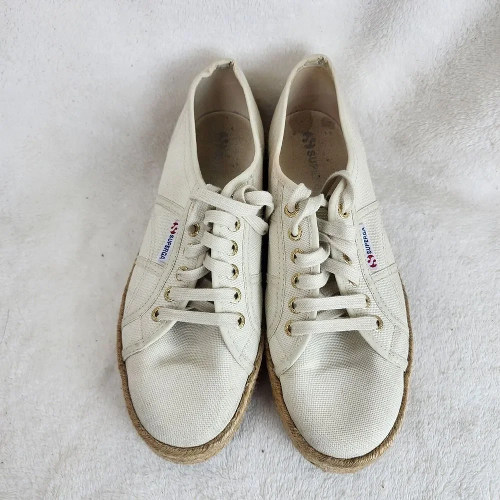 Superga Womens Beige Canvas Espadrille Platform Lace Up Low Top Sneakers Size 10